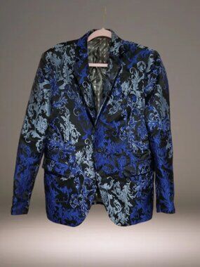 Inserch Men’s Large Slim Fit Black Royal Blue Baroque Floral Blazer sports coat